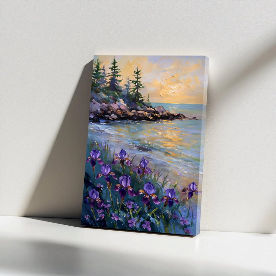 Coastal Iris Sunset Canvas Wall Art | Textured Impressionist Seascape Print | Premium 1.25" Thick Gallery Wrap | Modern Botanical Home Decor Gift