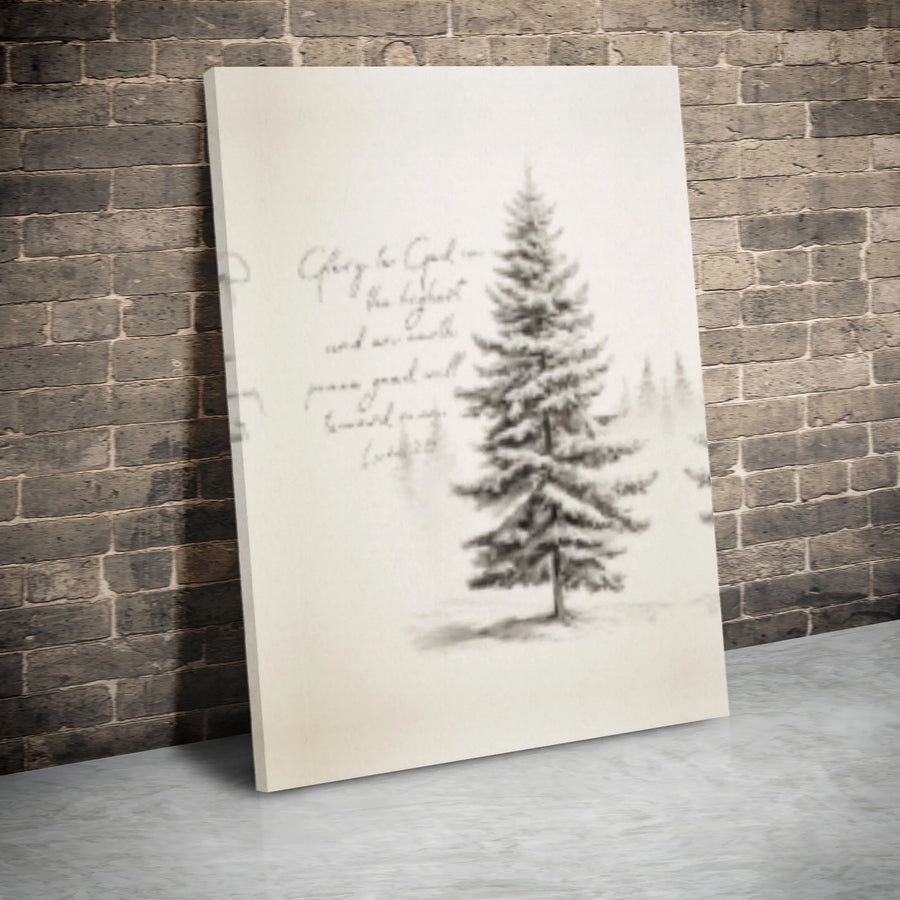 Glory To God Luke 2:14 Canvas | Snowy Pine Tree Religious Art | Premium Gallery Wrap | Christian Christmas Wall Decor Gift