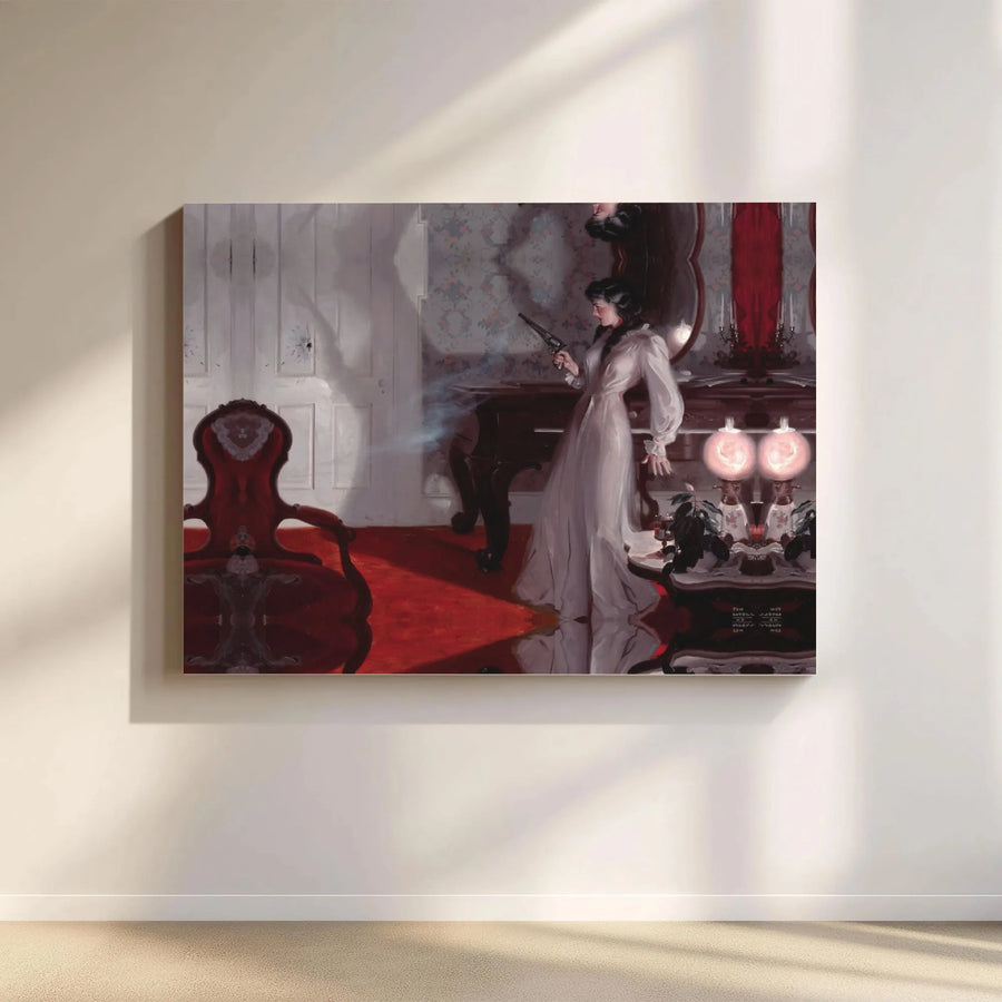 Vintage Mystery Wall Art | Woman With Smoking Gun Canvas Print | Premium Gallery Wrap Decor | Dark Academia Home Office Gift