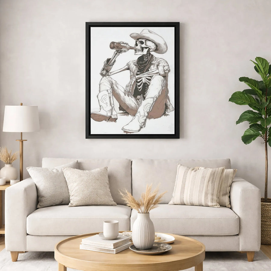 Cowboy Skeleton Canvas Art | Western Drinking Skull Wall Decor | Premium Fade-Resistant Print | Rustic Bar & Man Cave Gift
