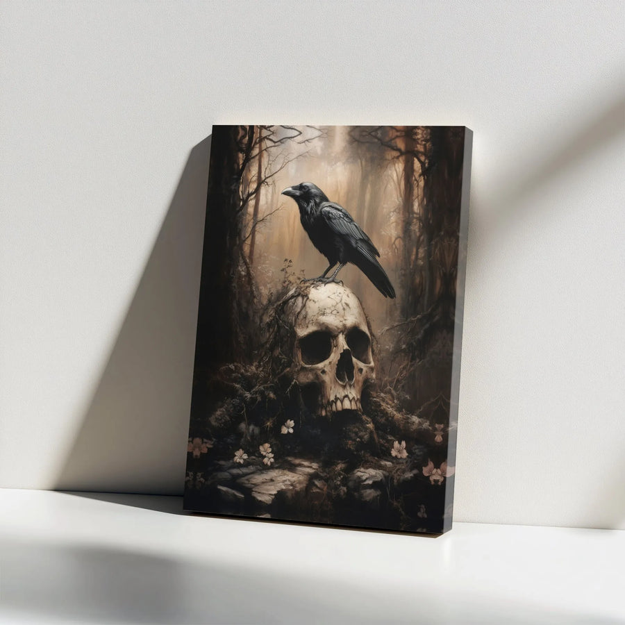 Gothic Raven On Skull Canvas Art | Dark Forest Moody Wall Decor | Premium 1.25" Gallery Wrap | Occult Aesthetic Gift for Macabre Decor Lovers