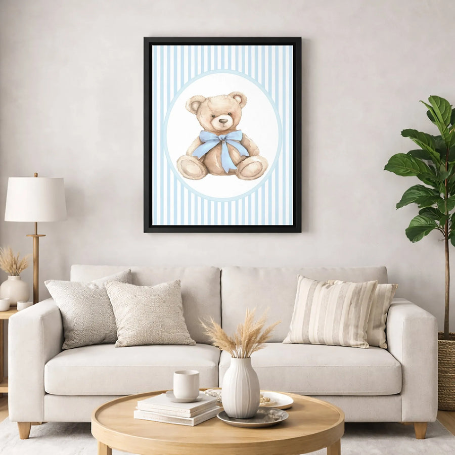 Watercolor Teddy Bear Wall Art | Blue Stripe Nursery Decor | Premium Gallery Canvas | Cute Baby Boy Room Gift
