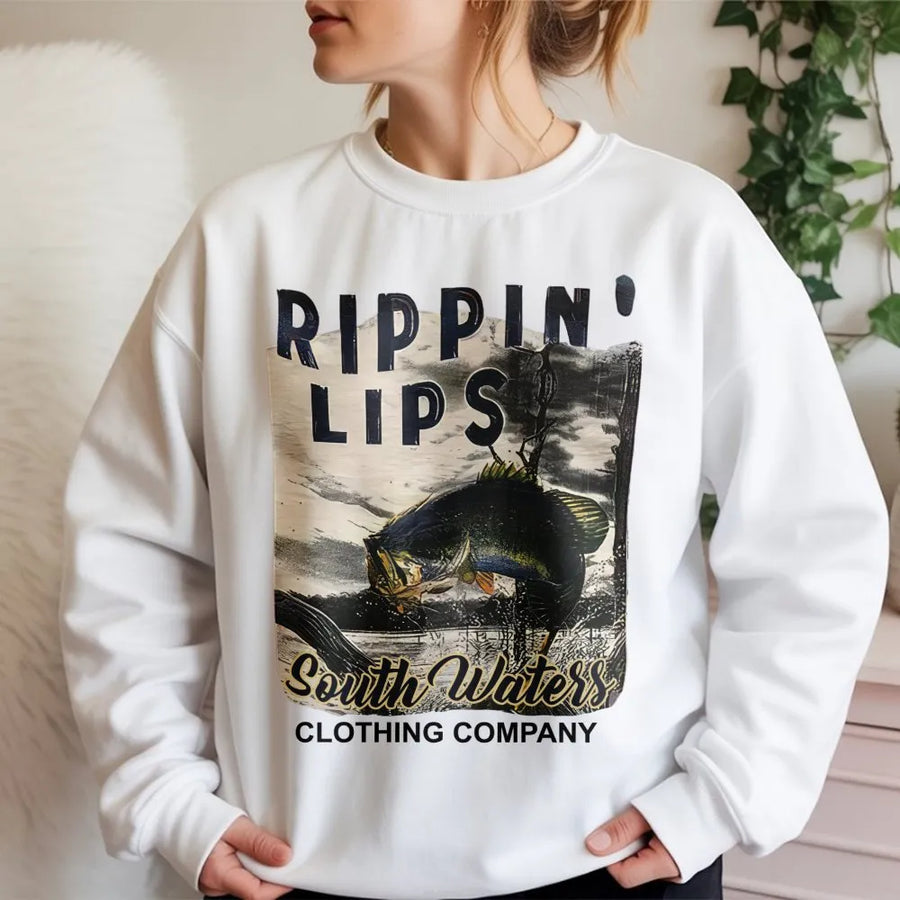 Rippin' Lips Fishing Sweatshirt | Bass Fish Graphic Print | Premium Soft Cotton Blend | Gift for Anglers and Fisherman