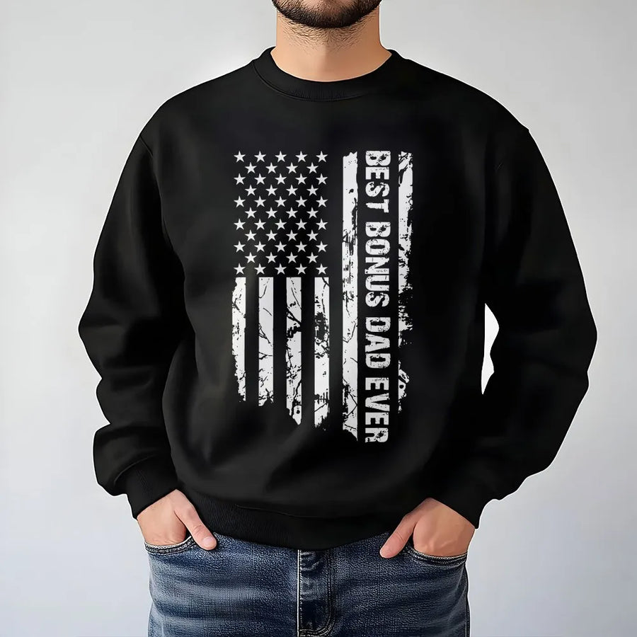 Best Bonus Dad Sweatshirt | Distressed American Flag Graphic | Premium Cotton Blend | Father's Day Gift for Stepdad