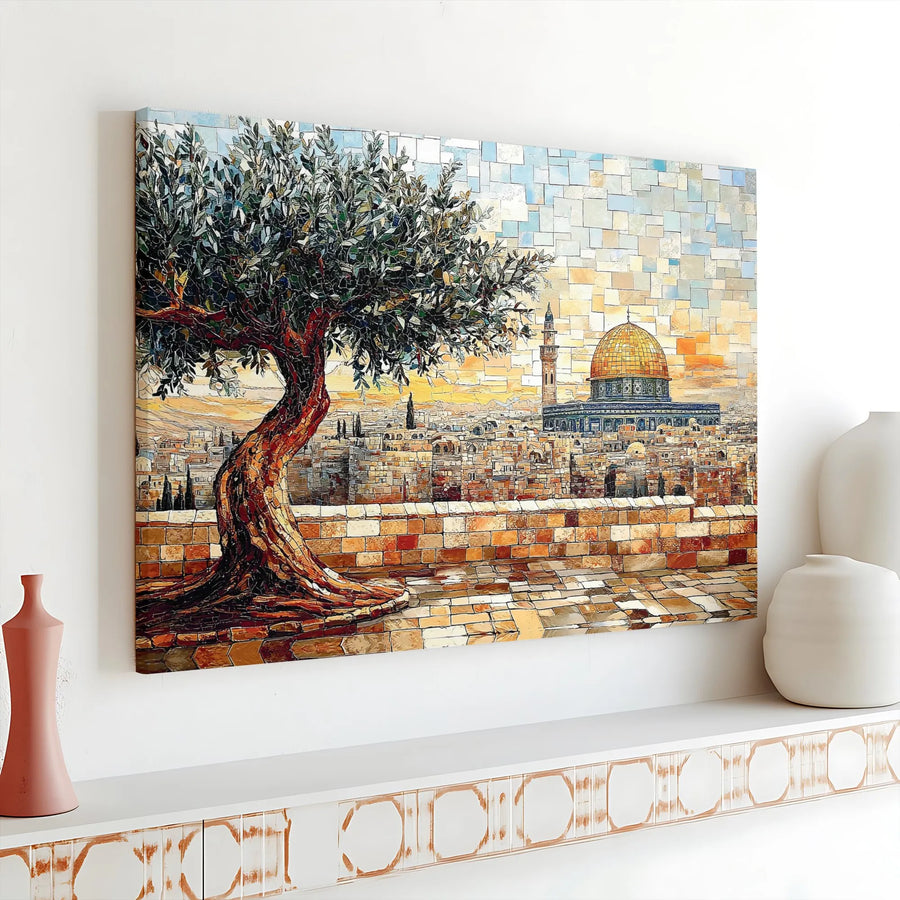 Jerusalem Mosaic-Style Horizontal Canvas | Ancient Olive Tree and Dome of the Rock | Premium 1.25 Inch Frameless Gallery Wrap | Holy Land Home Decor Gift
