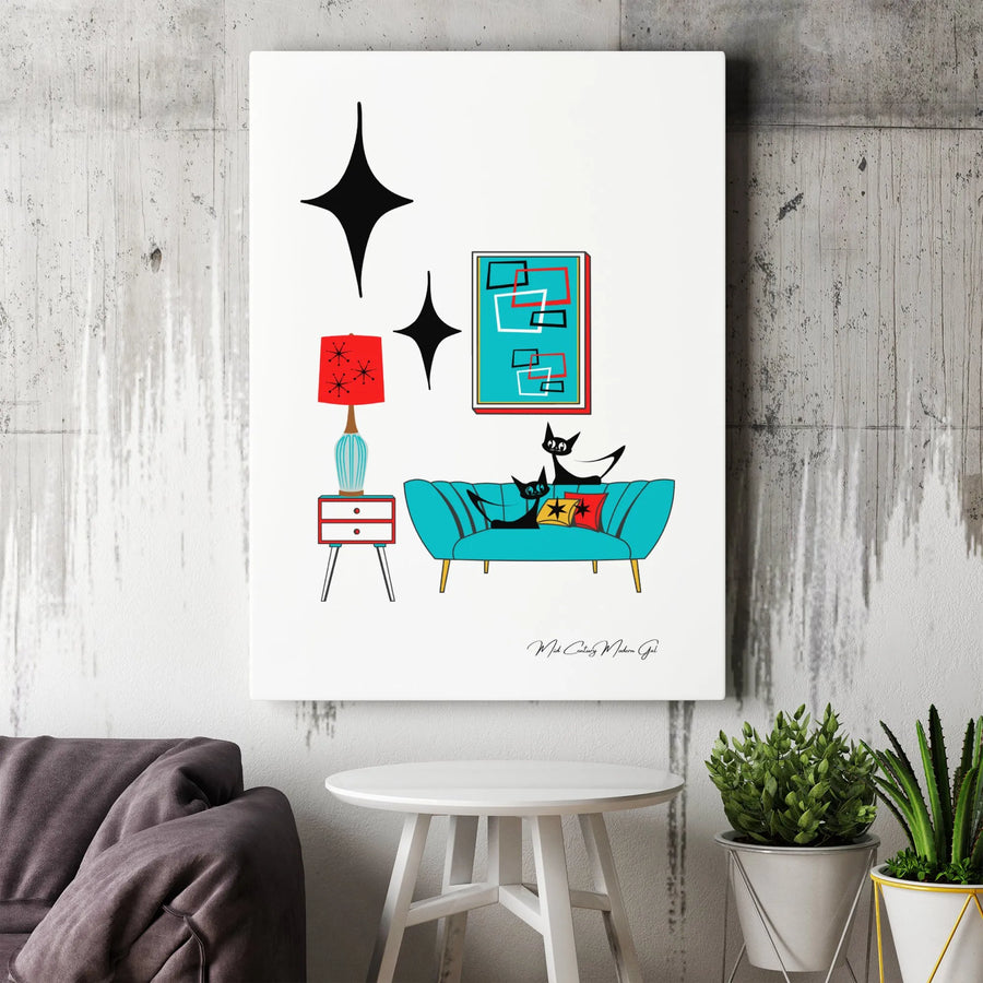 Mid Century Modern Wall Art | Retro Atomic Cat Decor on Teal Couch | Gallery Wrap Canvas Print | Premium Vintage Home Gift for Cat Lovers