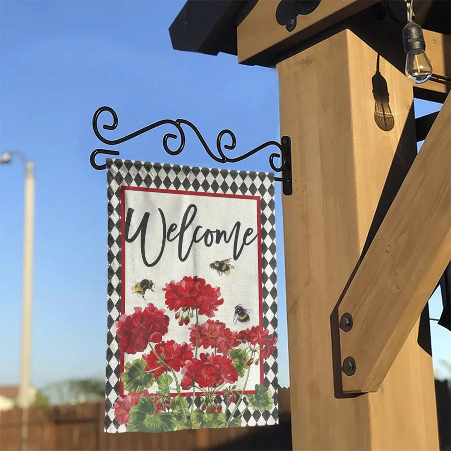 Red Geranium Welcome Flag | Botanical Bees & Harlequin Border | Double Sided Premium Polyester | Spring Summer Outdoor Yard Decor Gift
