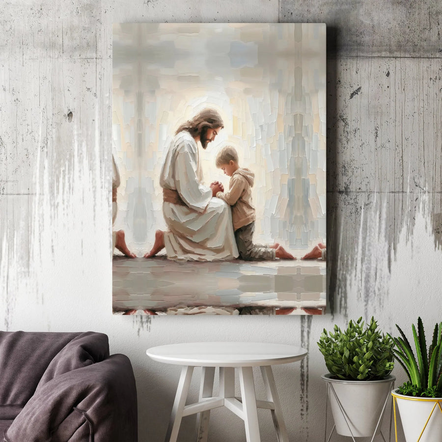 Jesus Praying With Child Canvas Print | Impressionist Christian Wall Art | Premium Gallery Wrapped Decor | Religious Gift For Nursery Or Home