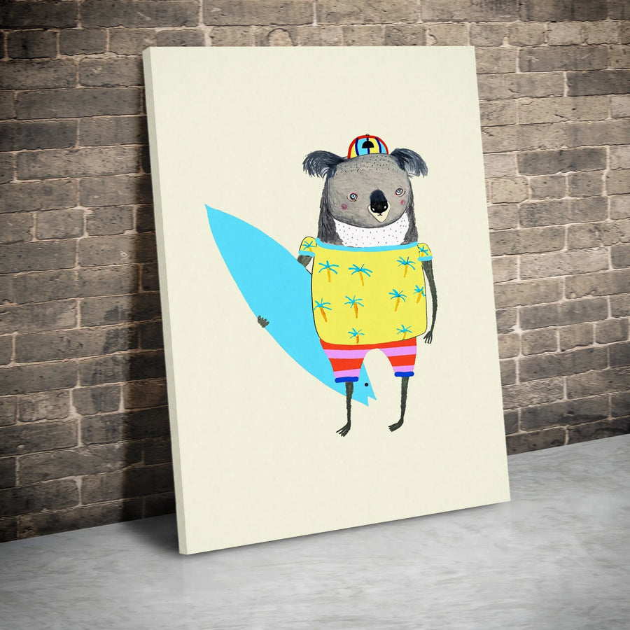 Surfer Koala Wall Art | Whimsical Tropical Palm Tree Design | Premium Fade-Resistant Canvas | Nursery Decor or Beach House Gift