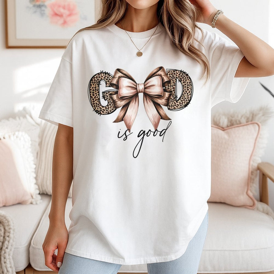 God Is Good T-Shirt | Leopard Print Bow Christian Graphic Tee | Premium 100% Cotton Apparel | Inspirational Faith Gift for Women