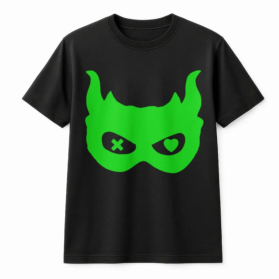 Devil Mask Graphic Tee | Heart and X Eyes Neon Print | Soft Cotton T-Shirt | Unique Unisex Streetwear Gift