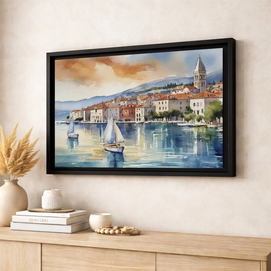 Mediterranean Coastal Town Canvas Art | Watercolor Sailing Landscape | Premium Gallery Wrapped Print | Travel Wall Decor for Home Office