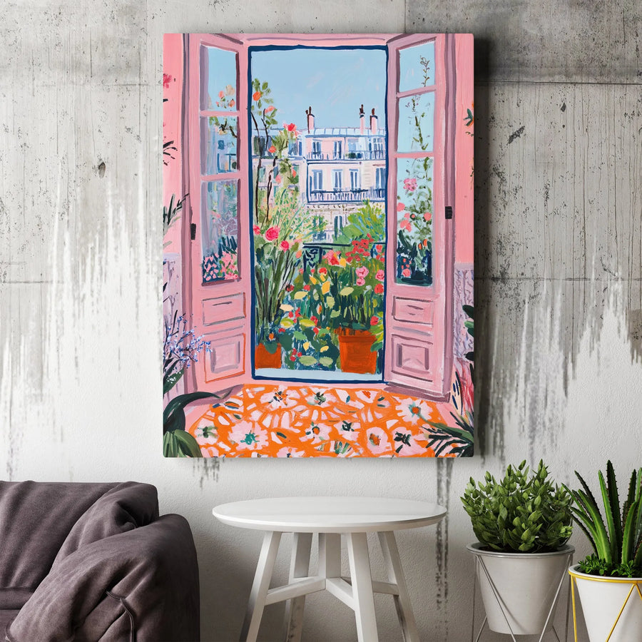 Parisian Window View Canvas | Colorful Balcony Garden Print | Premium Gallery Wrapped Wall Art | Boho Chic Home Decor Gift
