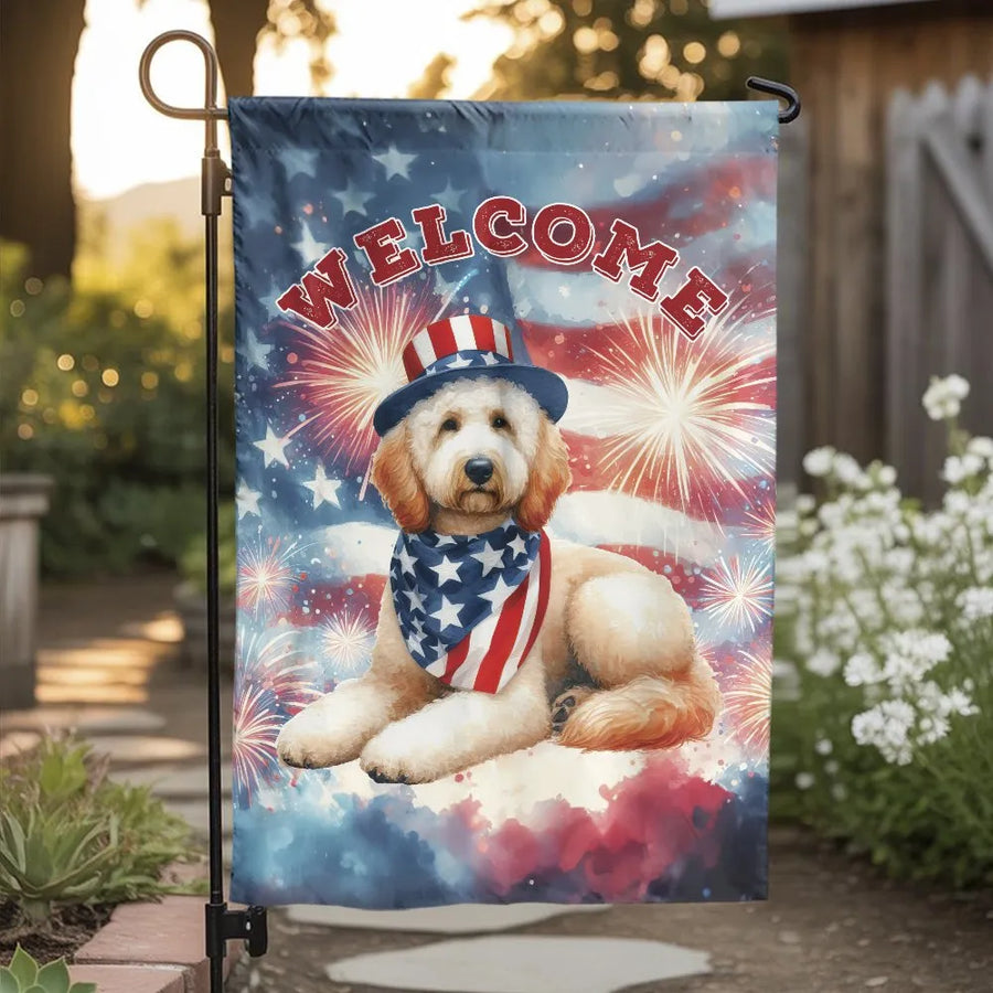 Patriotic Goldendoodle Garden Flag | American Flag Fireworks Welcome Sign | Premium Double Sided Polyester | 4th of July Yard Decor Gift for Dog Lovers