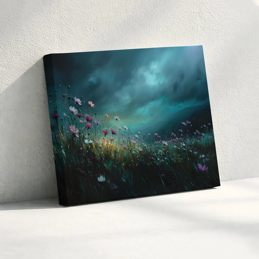 Wildflower Meadow Canvas Print | Moody Floral Landscape with Stormy Sky | Premium Gallery Wrapped Wall Art | Collector's Gift for Living Room Decor