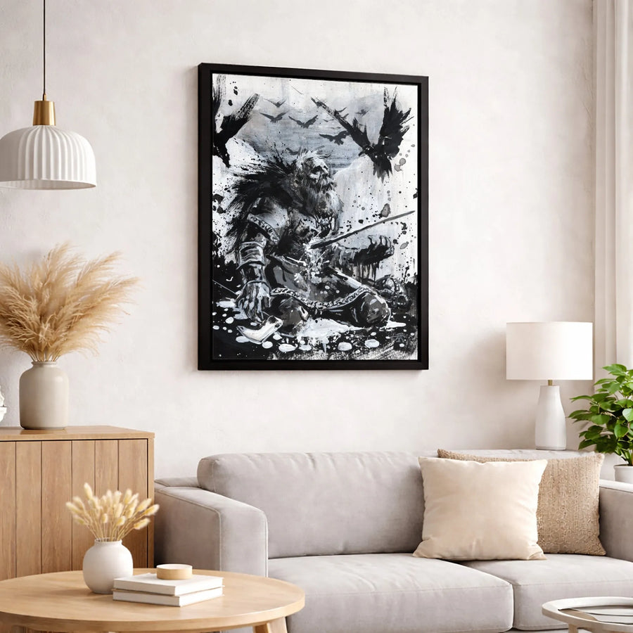 Viking Warrior Canvas Wall Art | Fallen King With Ravens Ink Splatter | Premium Fade-Resistant Print | Norse Mythology Decor Gift