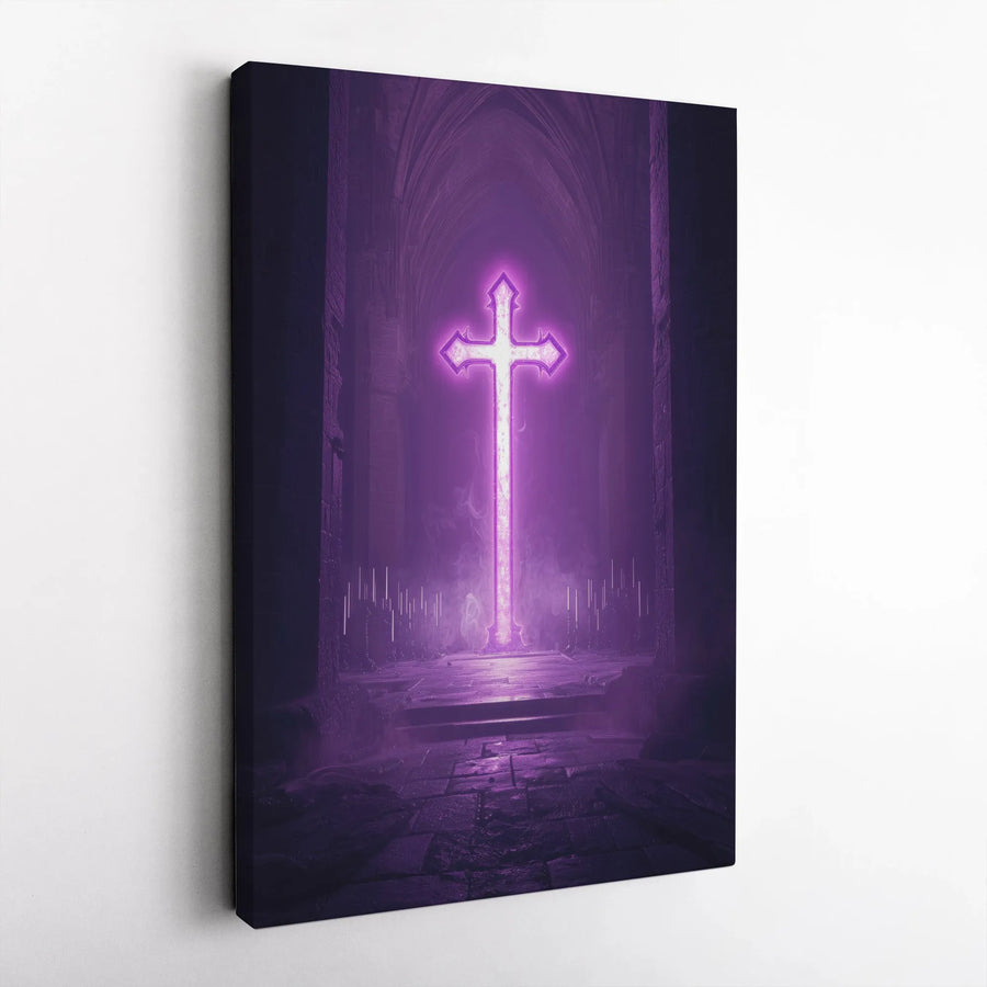 Christian Cross Canvas Wall Art | Purple Neon Light in Gothic Church | Premium Thick Gallery Wrap | Modern Christian Decor Gift