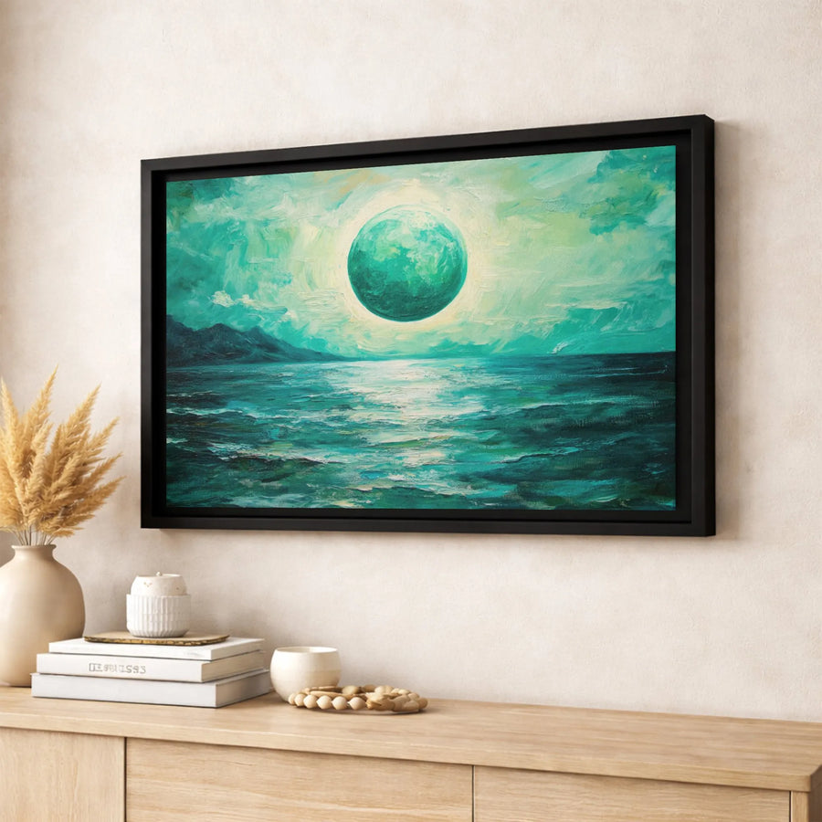 Green Moon Ocean Seascape Canvas | Abstract Teal Coastal Wall Art | Gallery Wrapped Premium Print | Modern Serene Home Decor Gift