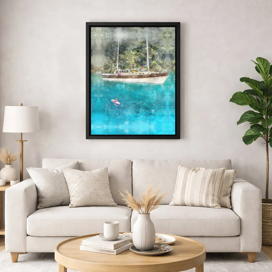 Watercolor Yacht Wall Art | Tropical Turquoise Sea with Paddleboarder | Gallery Quality Canvas Print | Nautical Home Decor Gift for Boating Lovers