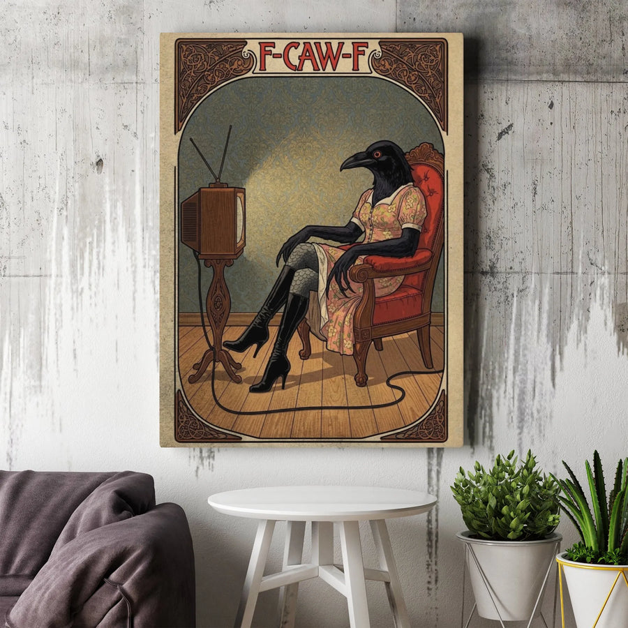 Crow Woman Wall Art | F-Caw-F Surreal Bird Print | Premium Gallery Wrap Canvas | Unique Home Decor Gift for Bird Lovers