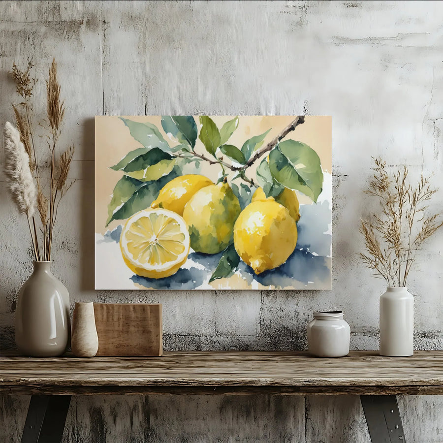Watercolor Lemon Branch Canvas Art | Citrus Fruit Kitchen Wall Decor | Premium 1.25 Inch Gallery Wrap | Botanical Fruit Print for Home Gift