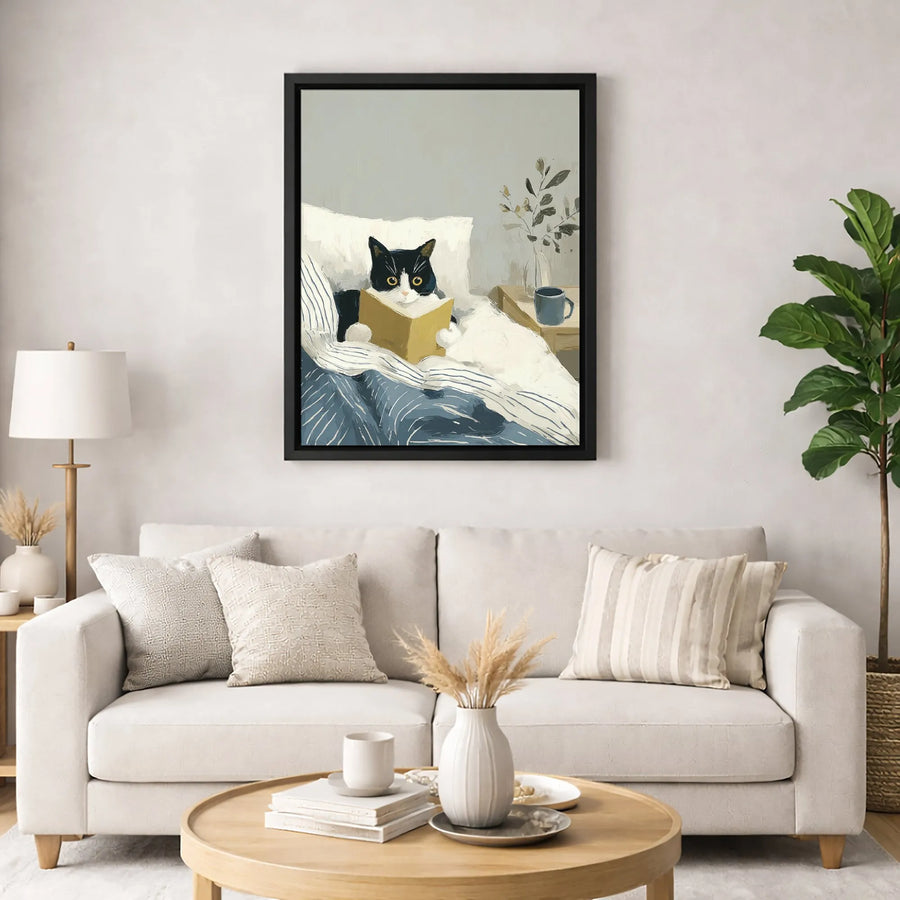 Tuxedo Cat Reading Book Canvas | Cozy Bedroom Wall Art | Premium 1.25 Inch Gallery Wrap | Cute Animal Gift For Cat Lovers