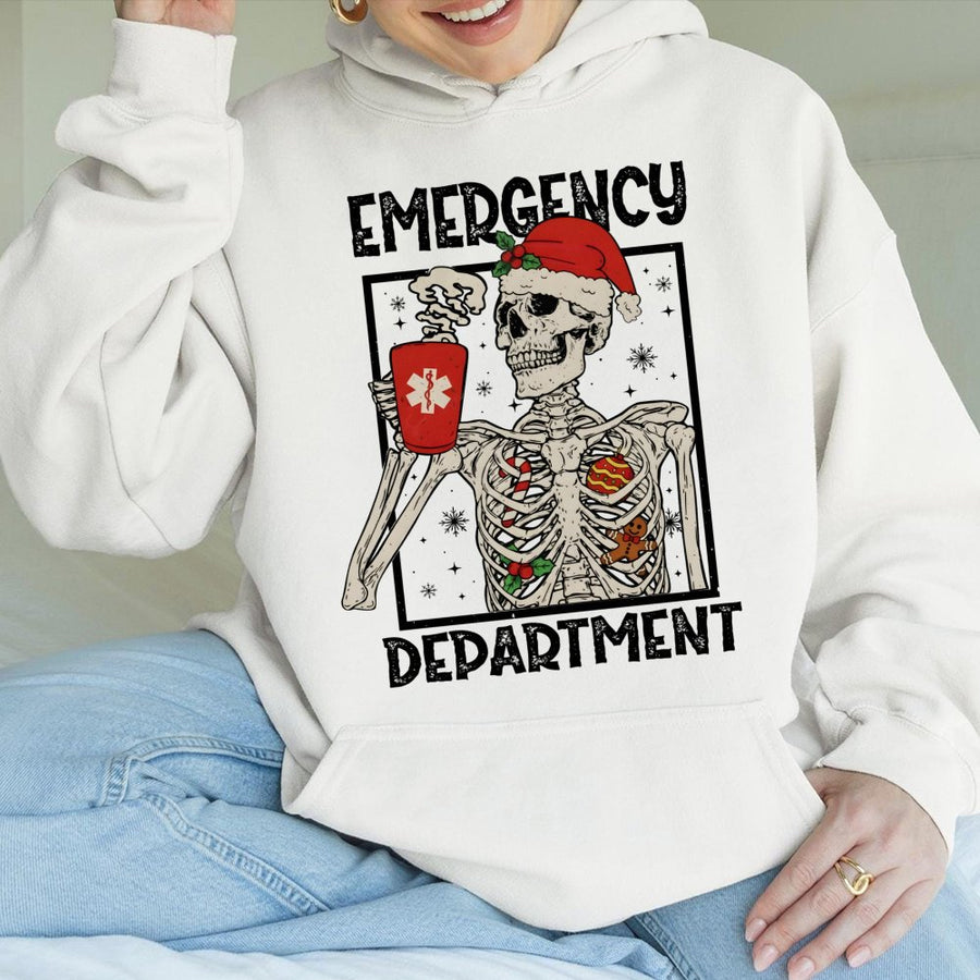 Emergency Department Christmas Hoodie | Skeleton Nurse Graphic | Premium Cotton Blend | Funny ER Nurse Gift for Holiday Season