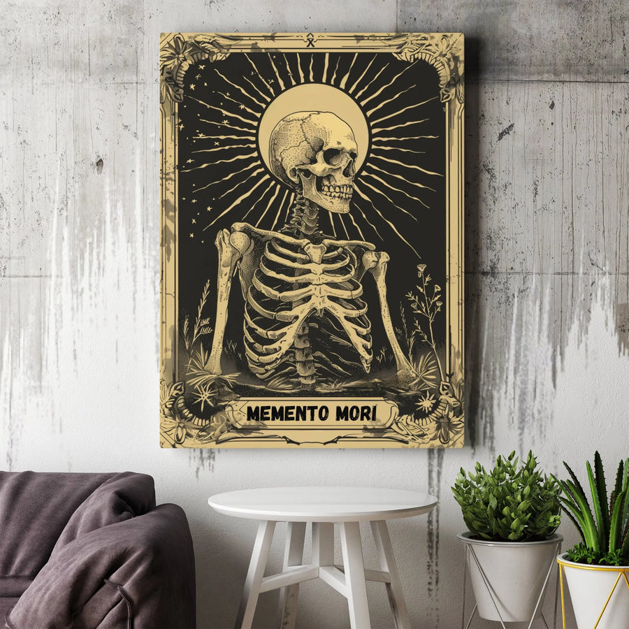 Memento Mori Canvas Wall Art | Gothic Skeleton Tarot Style Print | Premium Fade-Resistant Gallery Wrap | Dark Academia Home Decor Gift