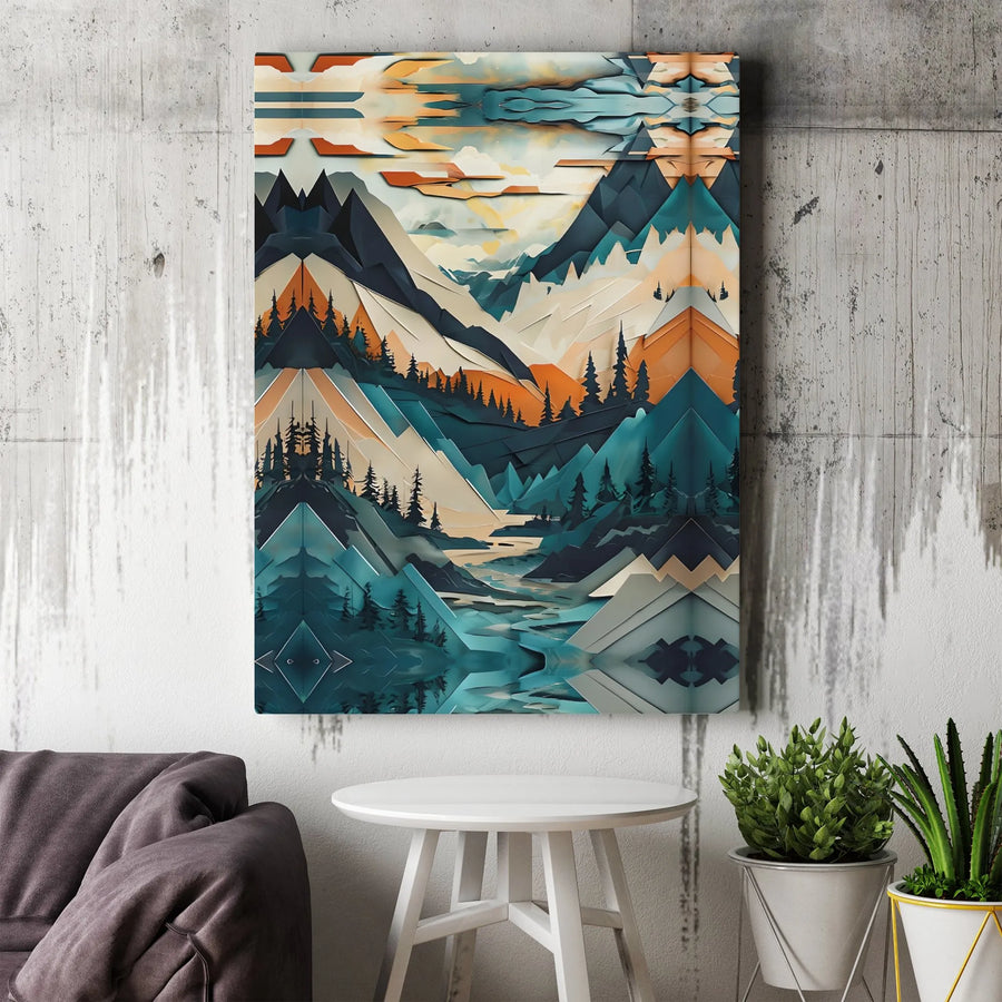 Abstract Mountain Landscape Canvas Art | Geometric Pine Tree & River Print | 1.25-Inch Gallery Wrap | Modern Nature Wall Decor for Home