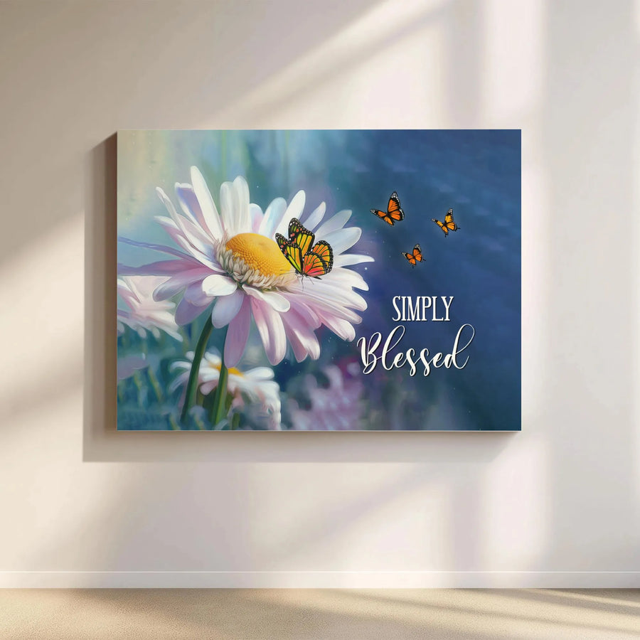 Simply Blessed Daisy Wall Art | Butterfly Floral Print | Premium Gallery Wrapped Canvas | Inspirational Home Decor Gift
