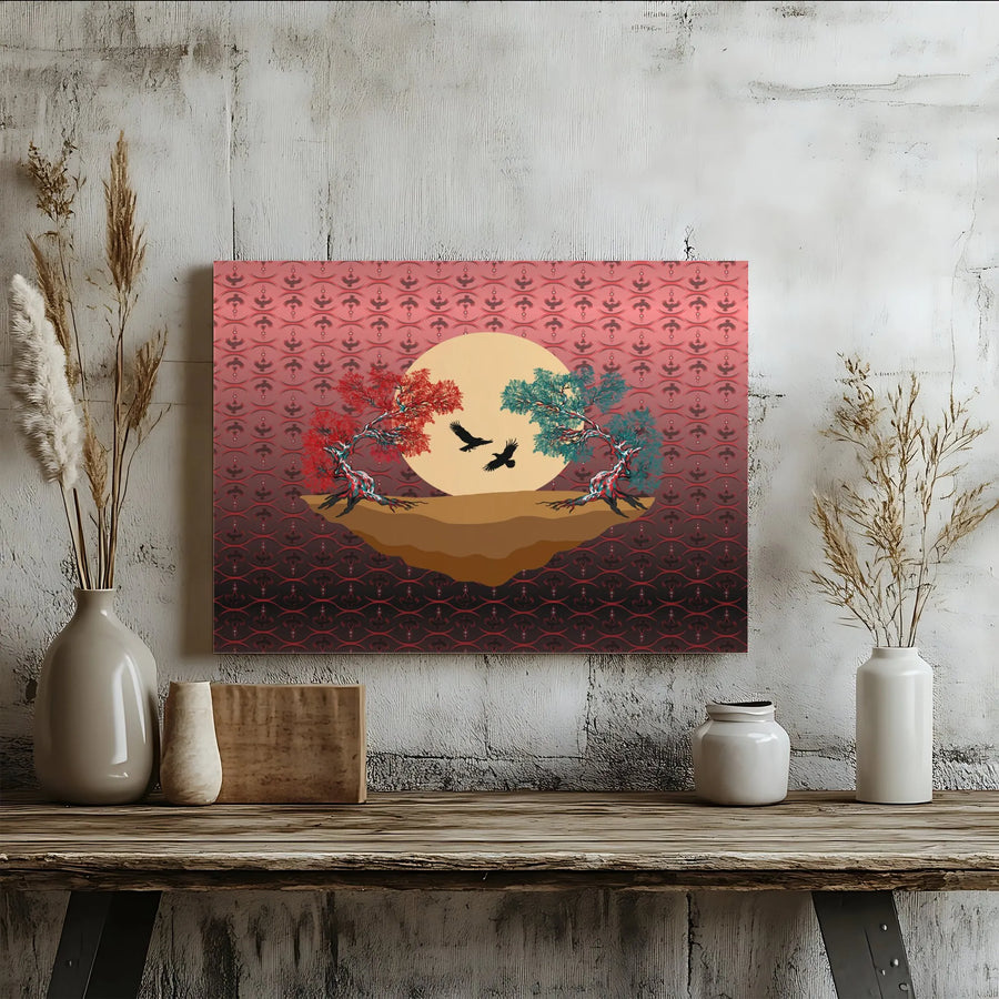 Mystical Tree of Life Canvas Print | Abstract Two Ravens & Sun Artwork | Gallery Wrapped Premium Canvas | Modern Spiritual Home Decor Gift