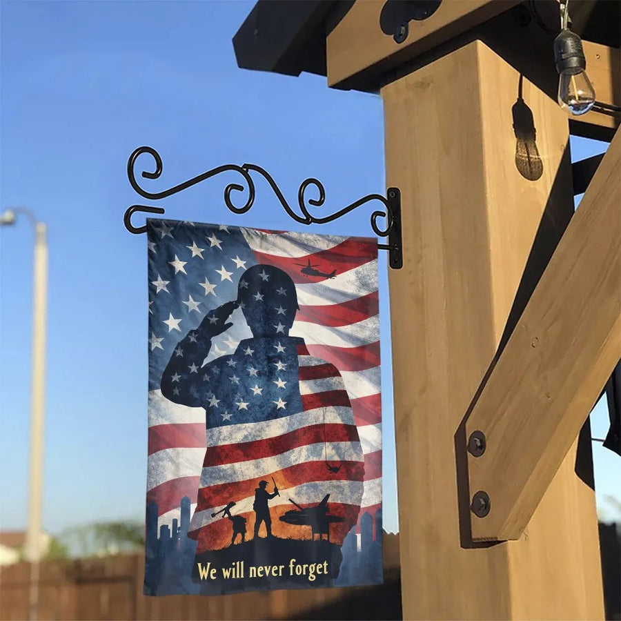 Patriotic Soldier Garden Flag | American Flag We Will Never Forget Design | Double Sided Polyester | Memorial Day Gift for Veteran Family
