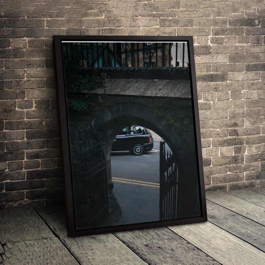 London Taxi Cab Canvas Wall Art | Moody Stone Archway Photography | 1.25 Inch Gallery Wrap | Urban Travel Decor For Office
