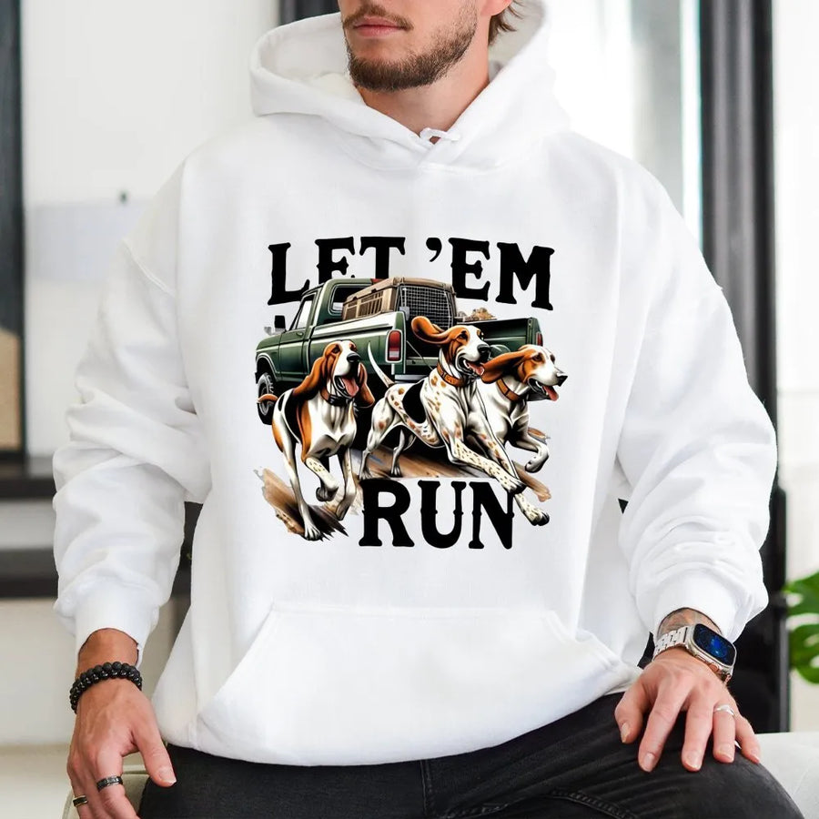 Let 'Em Run Hound Dog Hoodie | Vintage Pickup Truck Hunting Design | Premium Cotton Blend | Gift For Hunters And Outdoor Enthusiasts