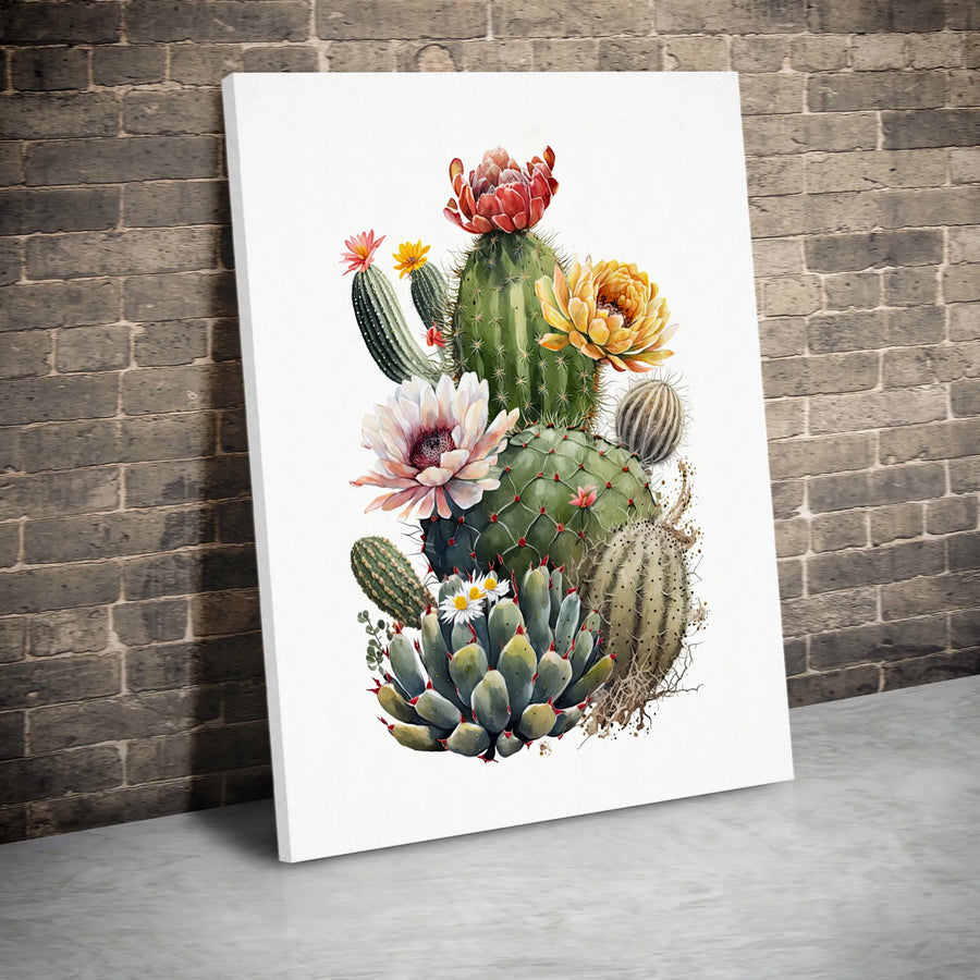Watercolor Cactus Wall Art | Blooming Succulent Bouquet Botanical Print | Premium Gallery Wrapped Canvas | Desert Home Decor Gift