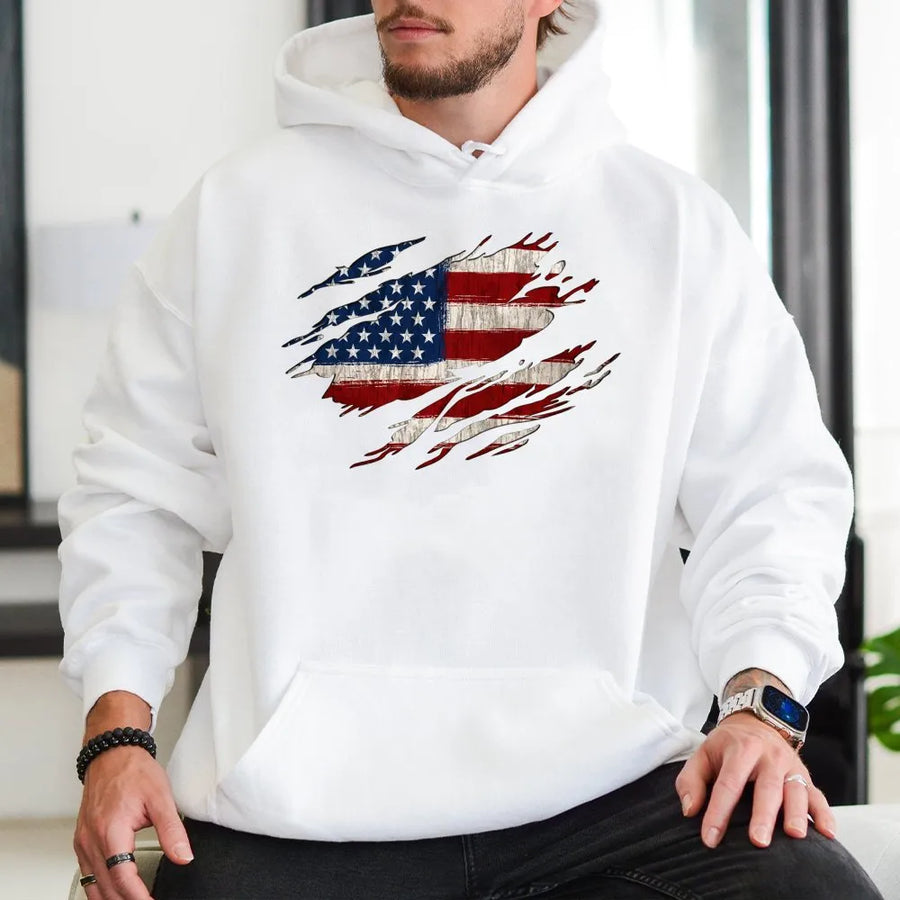 American Flag Hoodie | Vintage Tattered USA Flag Pullover | Soft Cotton Blend Crewneck | Unisex Patriotic 4th of July Gift
