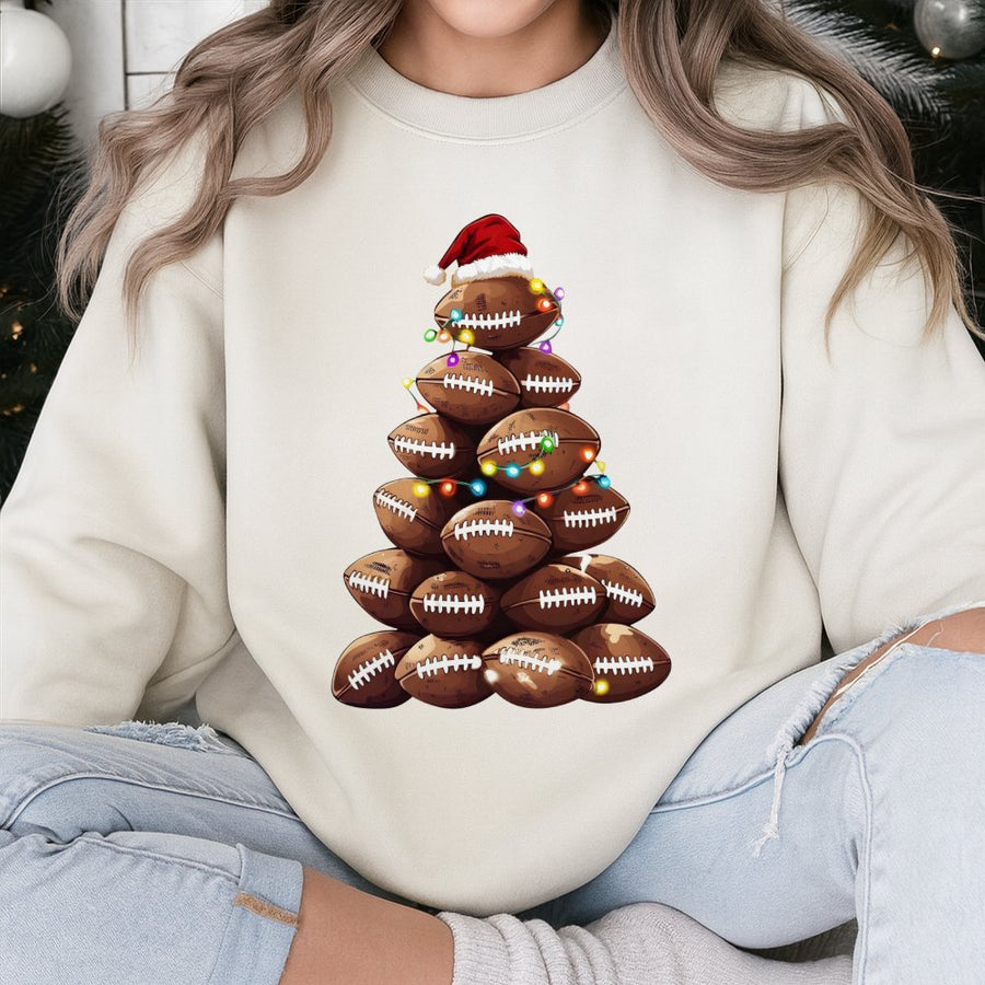 Football Christmas Tree Sweatshirt | Sports Holiday Lights Graphic | Premium Cotton Blend | Funny Xmas Gift for Football Mom or Fan