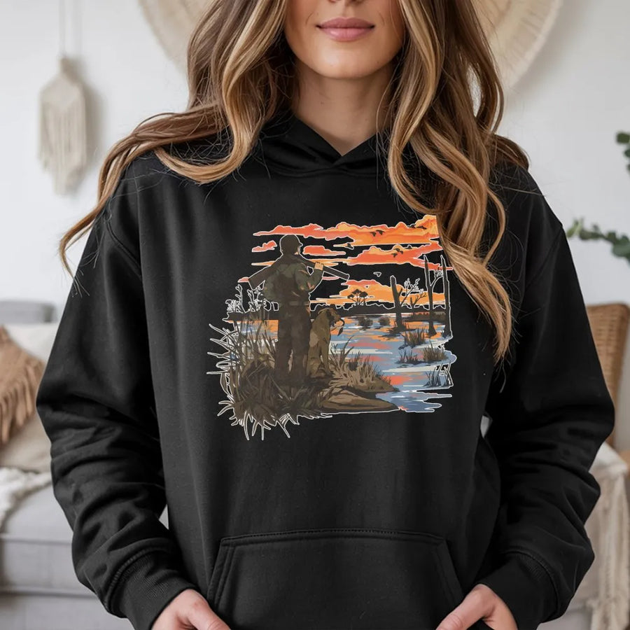 Duck Hunting Hoodie | Vintage Hunter And Dog Landscape Graphic | Premium Cotton Blend Apparel | Outdoor Gift For Waterfowl Hunters