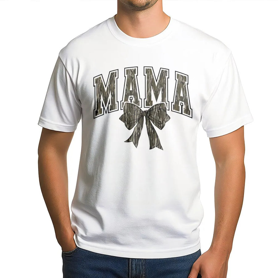 Camo Mama T-Shirt | Varsity Lettering with Hunting Style Camo Bow | Soft Cotton Graphic Tee | Gift for Outdoorsy Mom on Mother's Day