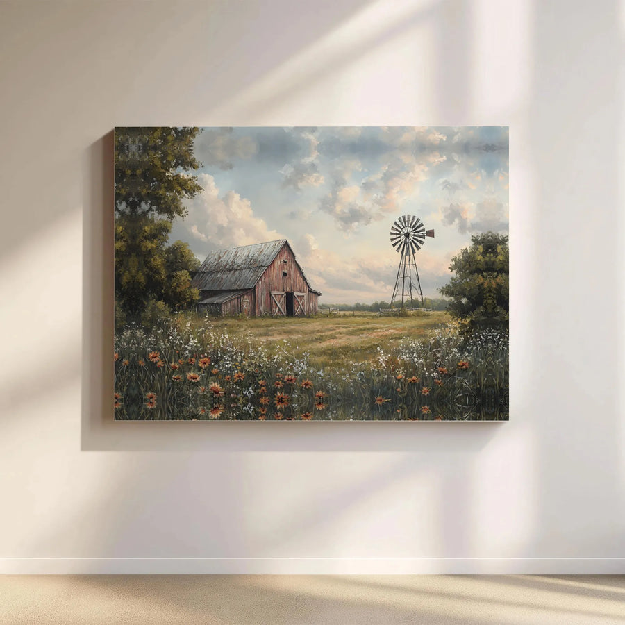 Rustic Country Barn Horizontal Canvas | Vintage Windmill & Wildflower Landscape Wall Art | Fade-Resistant 1.25" Gallery Wrap Print | Farmhouse Home Decor Housewarming Gift
