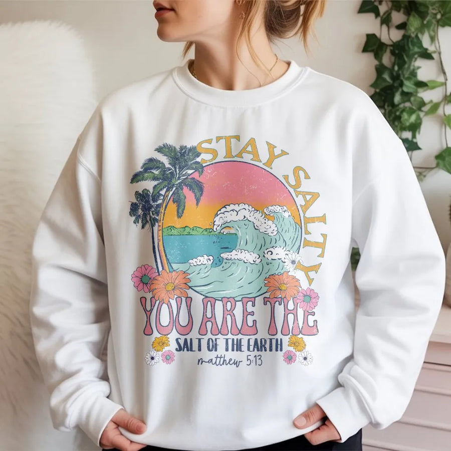 Stay Salty Christian Sweatshirt | Retro Beach Wave Graphic with Matthew 5:13 Verse | Soft Cotton-Blend Sweatshirt | Faith Based Gift for Women