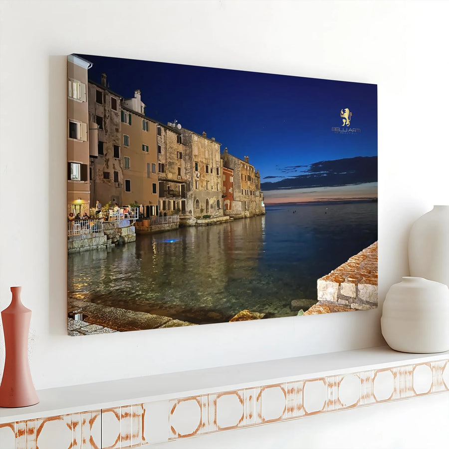 Mediterranean Coastal Village Canvas Print | Seaside Town at Twilight Photography | Premium Gallery Wrapped Canvas | Living Room Wall Decor Gift