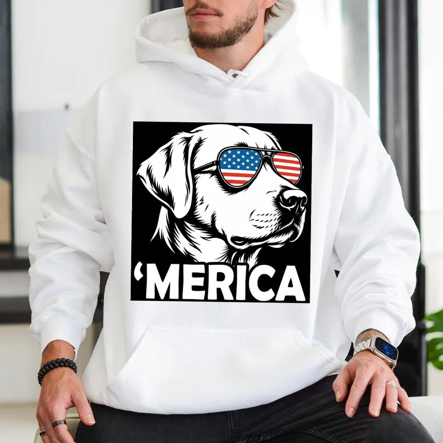 'Merica Dog Hoodie | Labrador with American Flag Sunglasses | Premium Graphic Sweatshirt | Patriotic 4th of July Gift for Dog Lover
