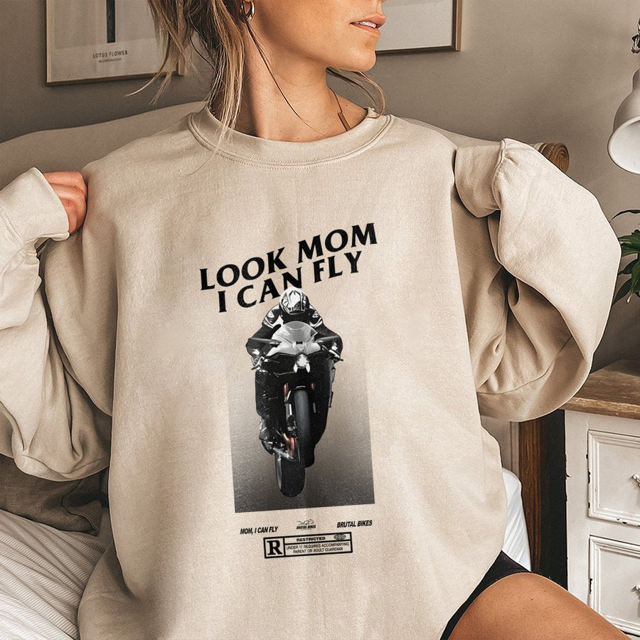 Look Mom I Can Fly Sweatshirt | Motorcycle Wheelie Graphic Print | Premium Cotton Blend | Gift For Biker Motorcyclist Sportbike Rider