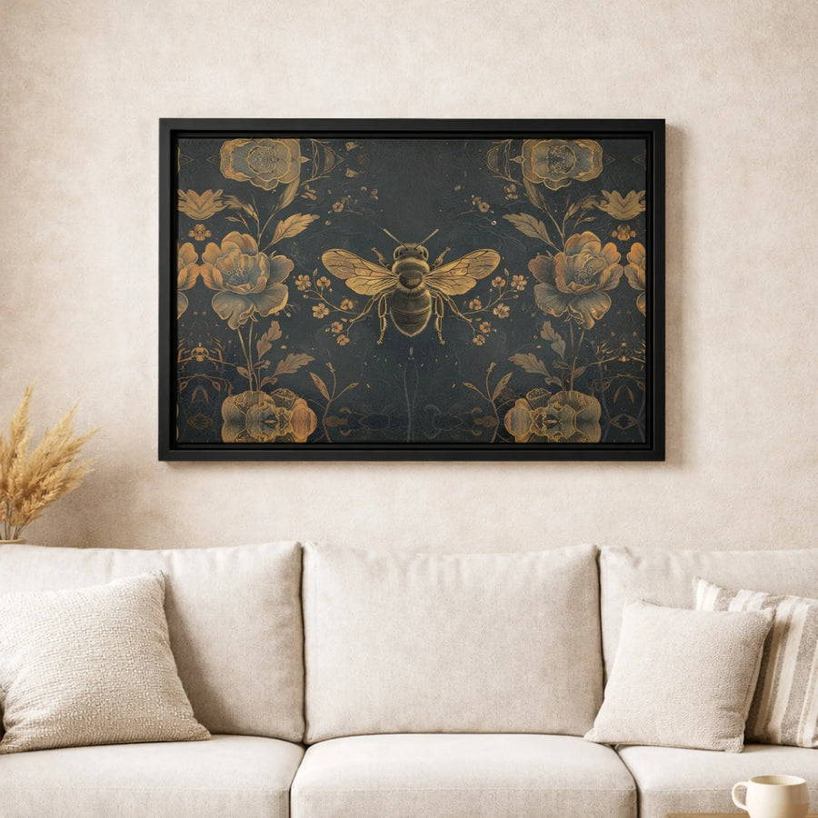 Golden Bee Canvas Wall Art | Dark Academia Floral Botanical Print | Premium Gallery Wrapped Decor | Sophisticated Vintage Nature Gift