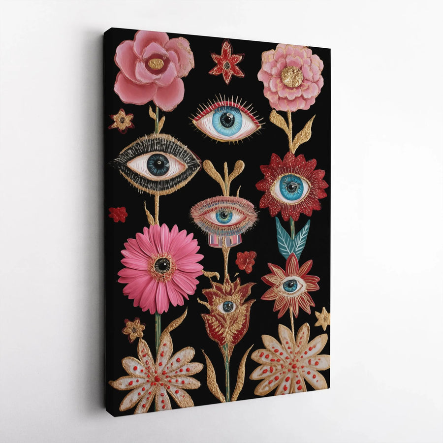 Mystical Evil Eye Canvas Wall Art | Floral Boho Decor with Gold Accents | Premium Gallery Wrapped Canvas | Spiritual Home Decor Gift