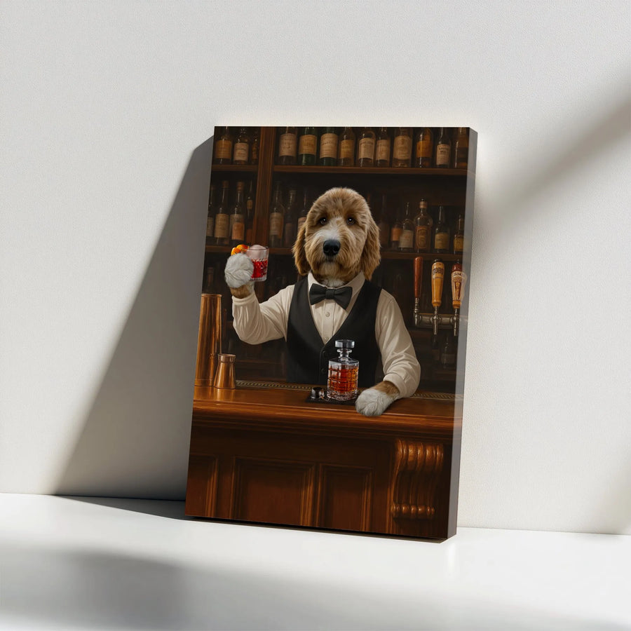 Goldendoodle Bartender Wall Art | Whimsical Dog Cocktail Print | Premium Gallery Wrap Canvas | Unique Gift For Dog Lovers And Bar Decor