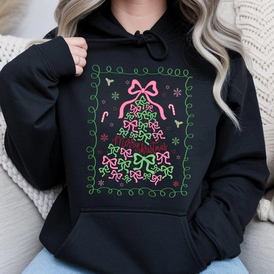 Coquette Christmas Tree Hoodie | Pink Bow Aesthetic Winter Sweatshirt | Soft Premium Cotton Blend | Merry Christmas Gift for Women & Girls
