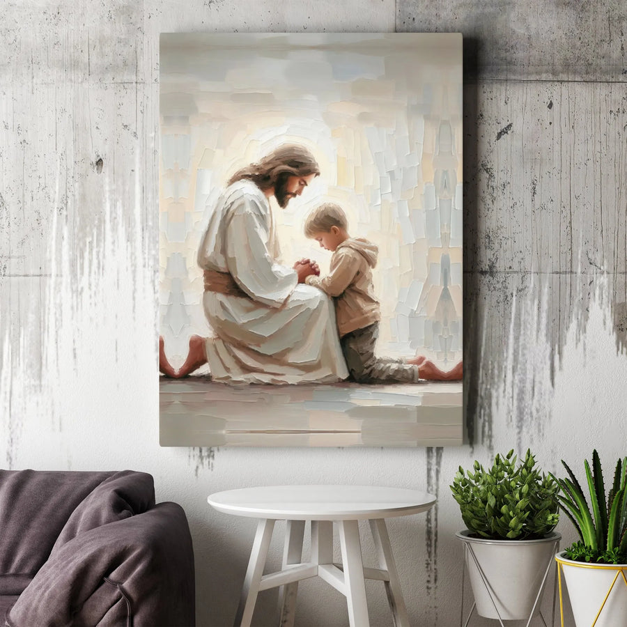 Jesus Praying With Child Canvas Print | Religious Wall Art Decor | Premium 1.25-Inch Gallery Wrap | Spiritual Christian Home Gift