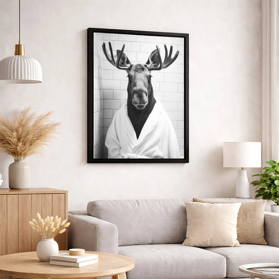 Moose In Bathrobe Canvas Art | Funny Bathroom Wall Decor | Premium Fade-Resistant Gallery Wrap | Whimsical Animal Portrait Gift
